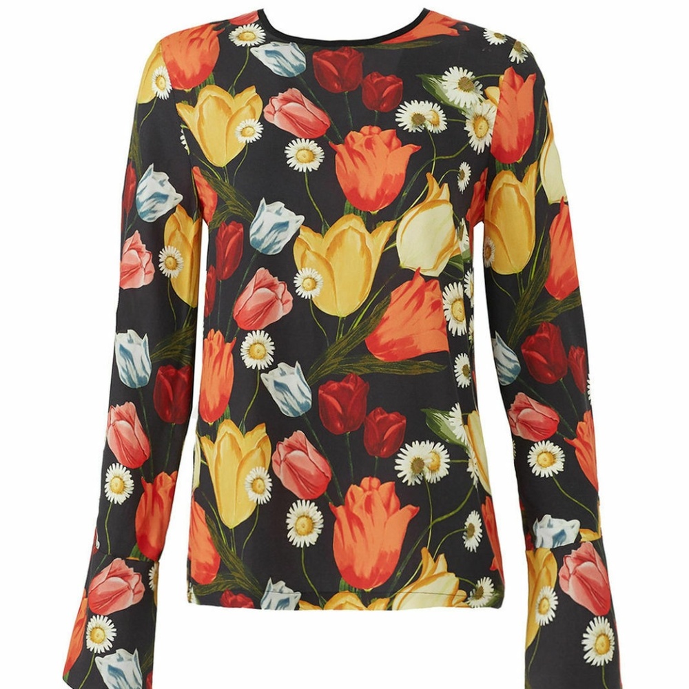 Mother of Pearl Black Crewneck Floral Silk Top - Picture 1 of 5